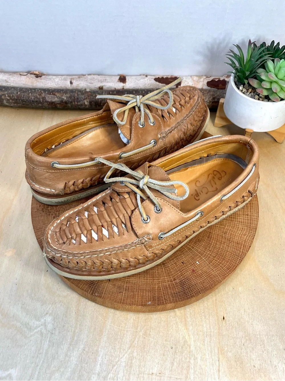 Sperry Gold Cup Tan Woven Leather Boat Shoes Size 9M Minty Clean